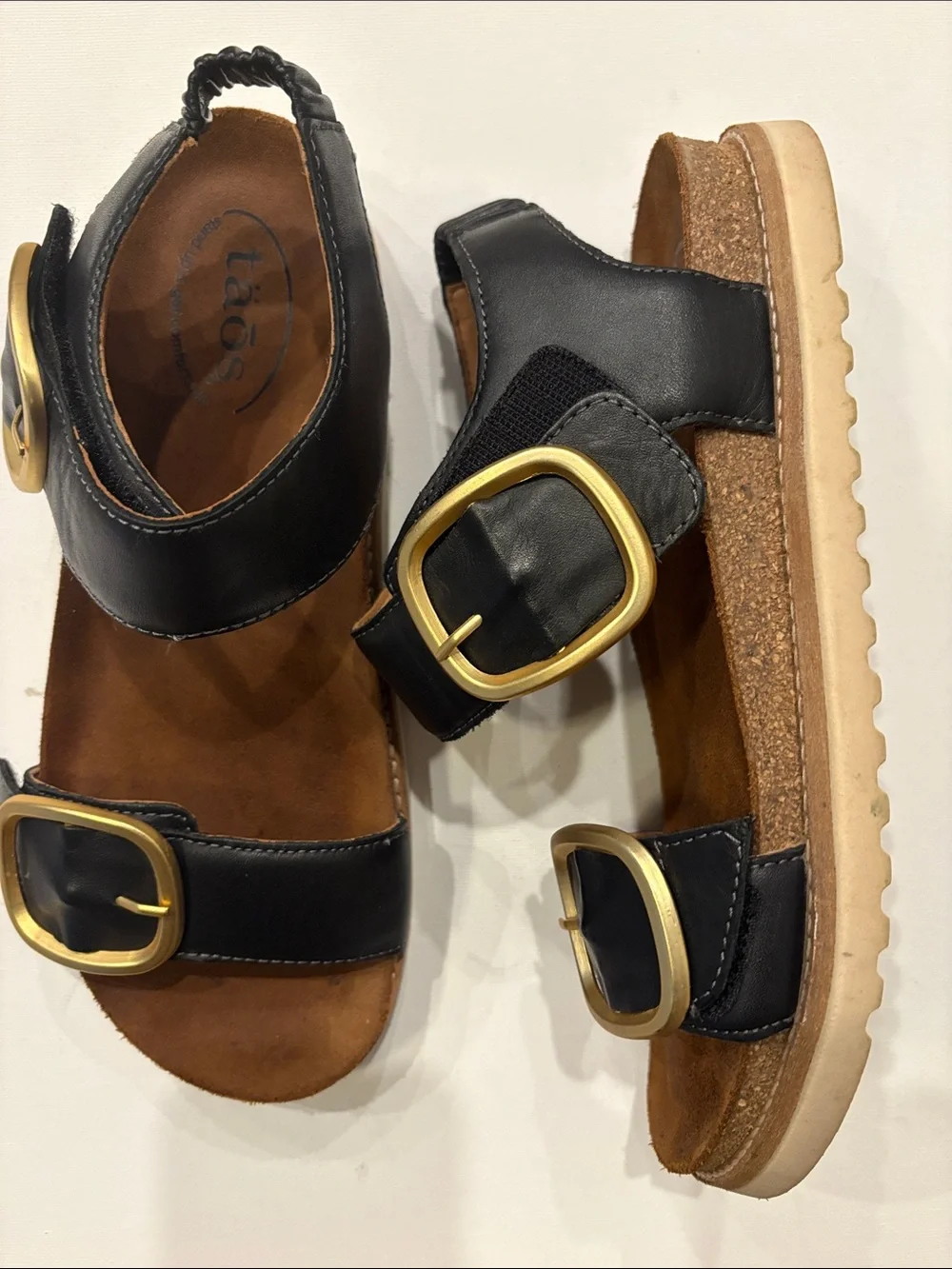 Taos On the Double Black Leather Sandals with Gold Buckles